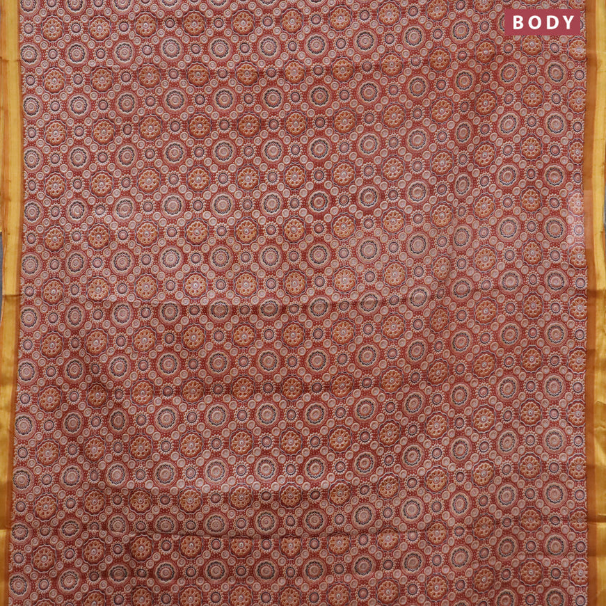 Mul cotton saree rust shade and mustard yellow with allover ajrakh prints and small zari woven border