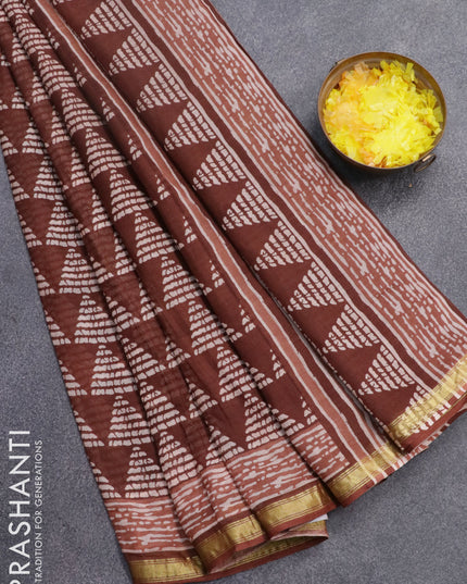 Mul cotton saree rustic brown with allover geometric butta prints and small zari woven border