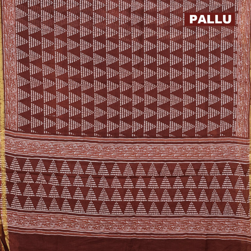 Mul cotton saree rustic brown with allover geometric butta prints and small zari woven border
