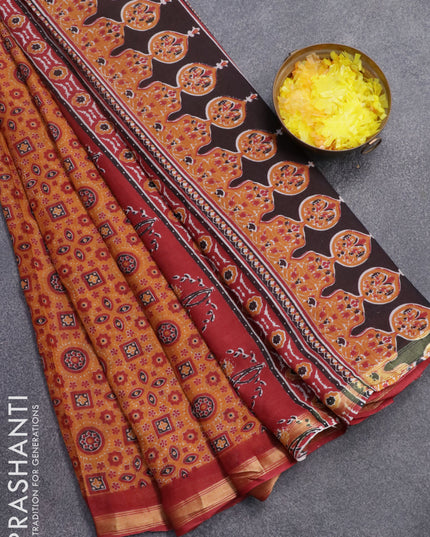 Mul cotton saree mustard yellow and maroon with allover ajrakh prints and small zari woven border