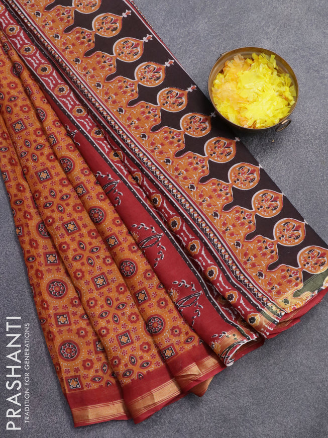 Mul cotton saree mustard yellow and maroon with allover ajrakh prints and small zari woven border