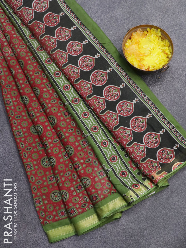 Mul cotton saree maroon and green with allover ajrakh prints and small zari woven border