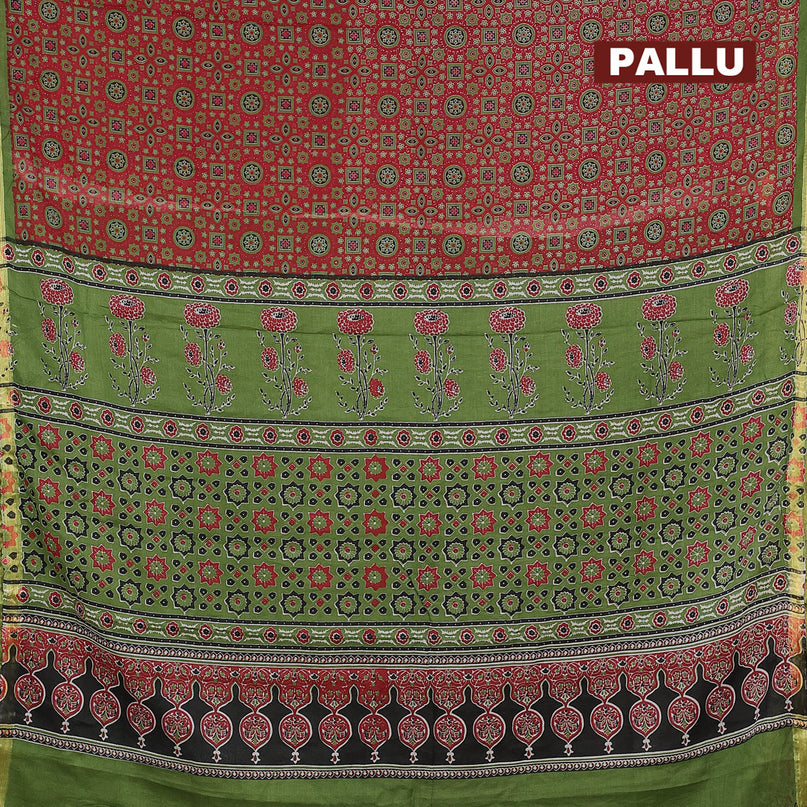 Mul cotton saree maroon and green with allover ajrakh prints and small zari woven border