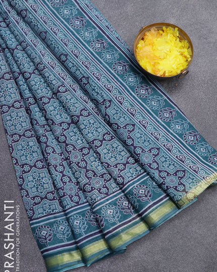 Mul cotton saree blue and cs blue with allover ajrakh prints and small zari woven border