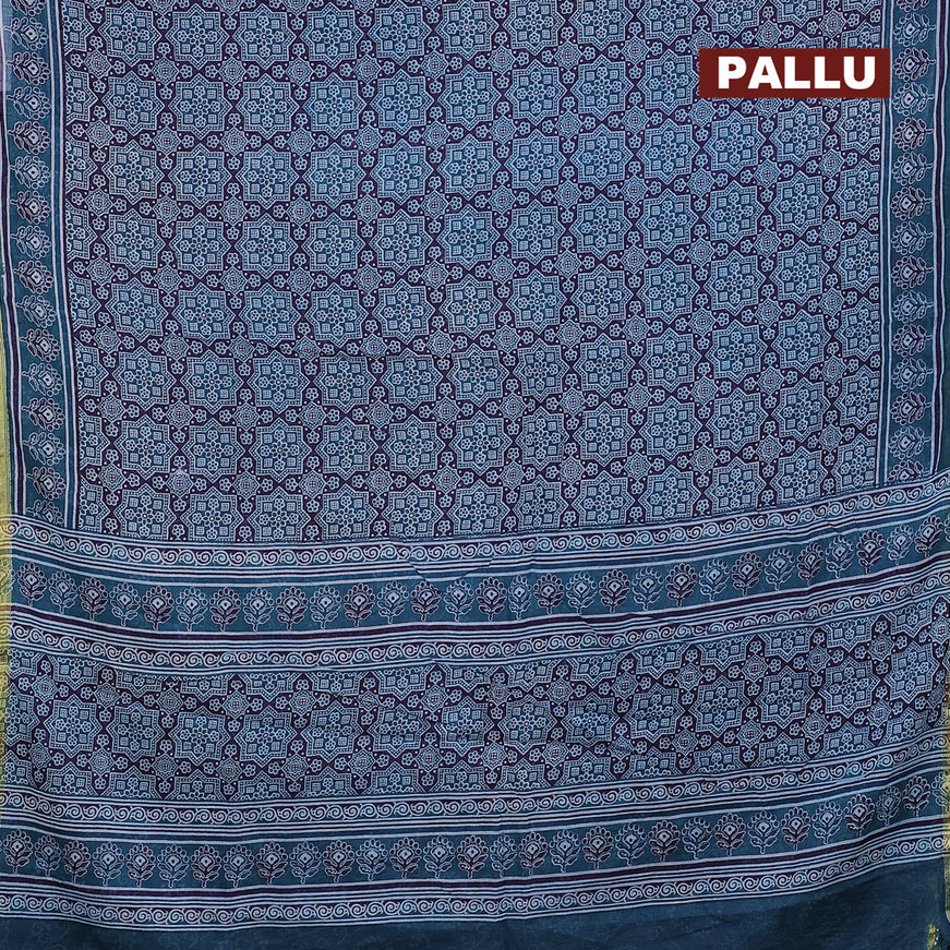 Mul cotton saree blue and cs blue with allover ajrakh prints and small zari woven border