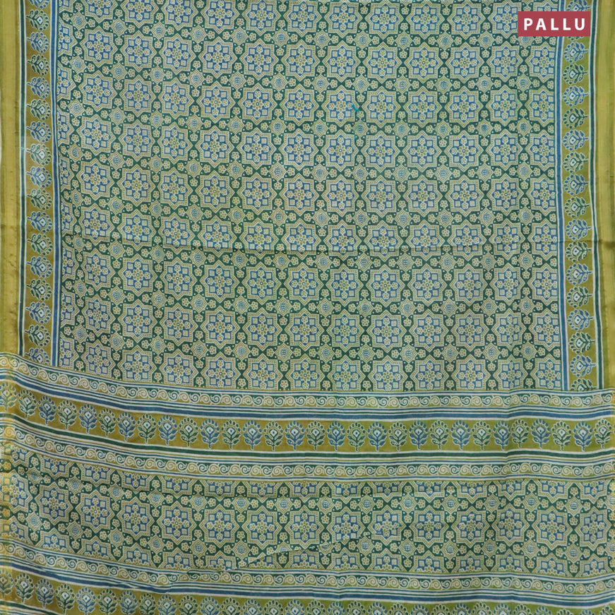 Mul cotton saree green and mehendi green with allover ajrakh prints and small zari woven border