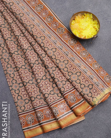 Mul cotton saree grey shade and rustic orange with allover ajrakh prints and small zari woven border