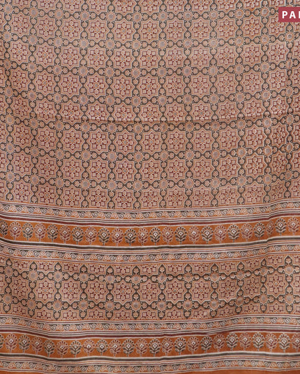 Mul cotton saree grey shade and rustic orange with allover ajrakh prints and small zari woven border
