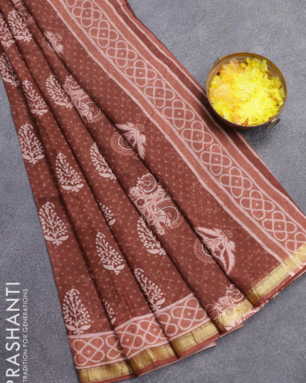 Mul cotton saree rustic brown with allover butta prints and small zari woven border