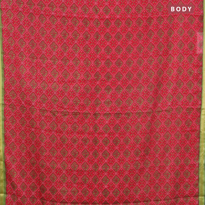 Mul cotton saree red and green with allover prints and small zari woven border