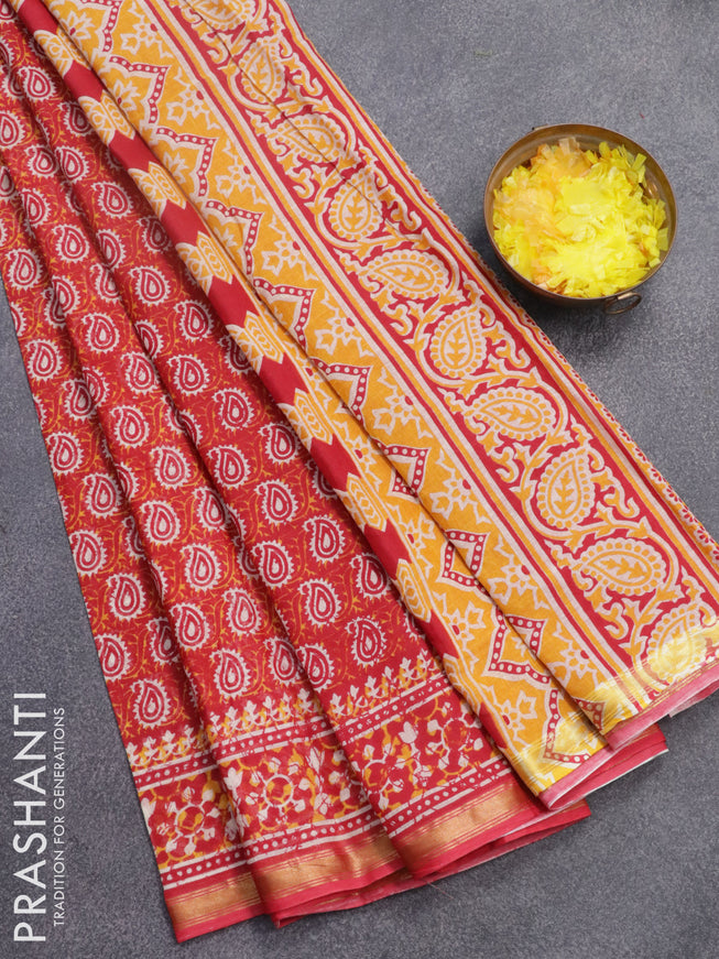 Mul cotton saree red with allover paisley prints and small zari woven border