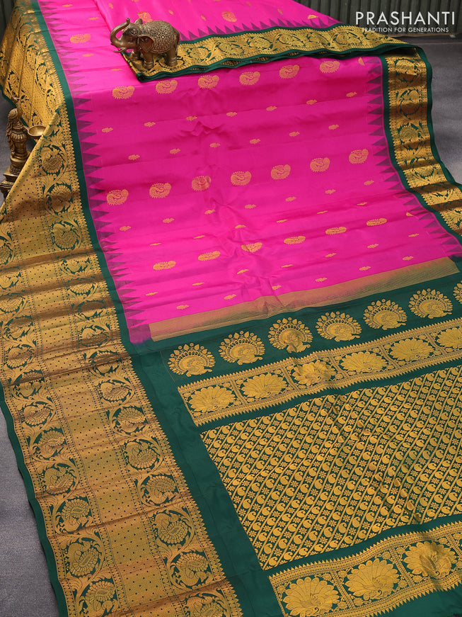 Pure gadwal silk saree magenta pink and dark green with zari woven buttas and temple design long annam zari woven border
