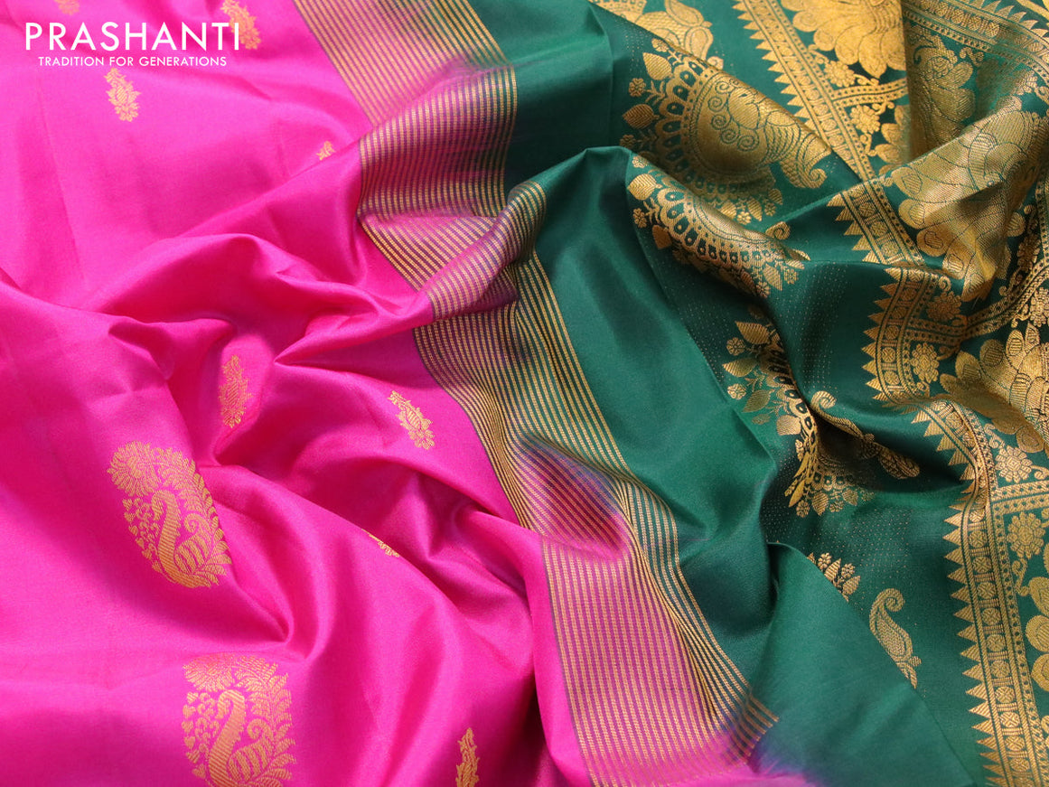 Pure gadwal silk saree magenta pink and dark green with zari woven buttas and temple design long annam zari woven border