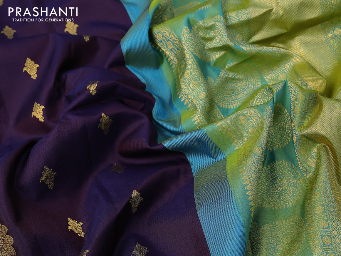 Pure gadwal silk saree deep jamun shade and teal blue with zari woven buttas and temple design long zari woven border