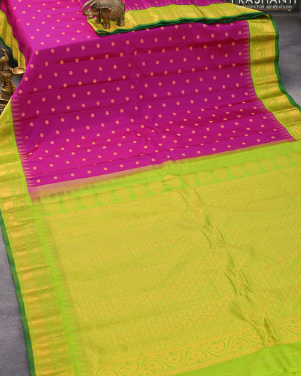 Pure gadwal silk saree magenta pink and light green with zari woven buttas and temple design zari woven border