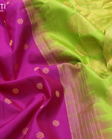 Pure gadwal silk saree magenta pink and light green with zari woven buttas and temple design zari woven border