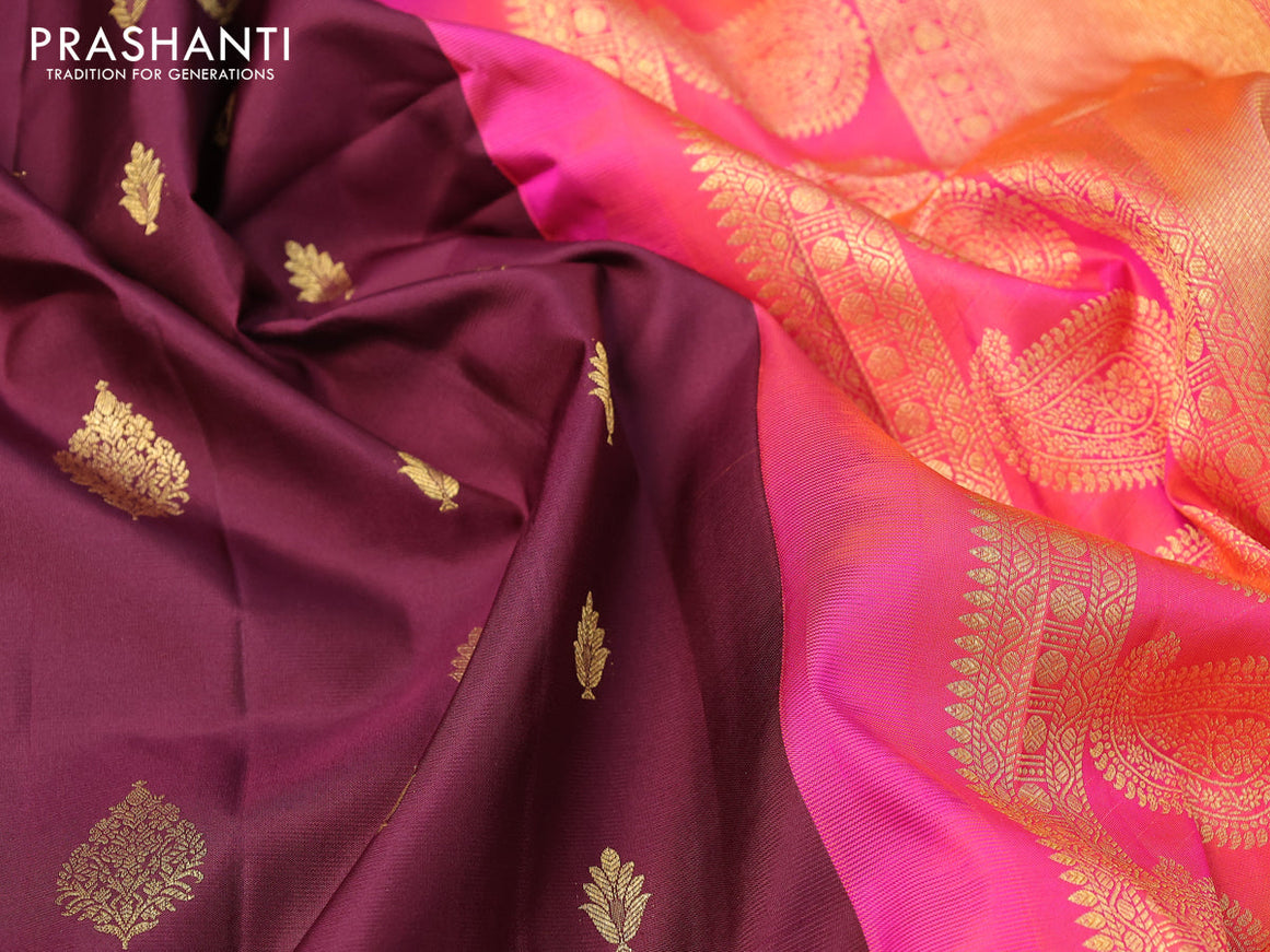 Pure gadwal silk saree deep maroon and dual shade of pinkish orange with zari woven buttas and temple design long zari woven border