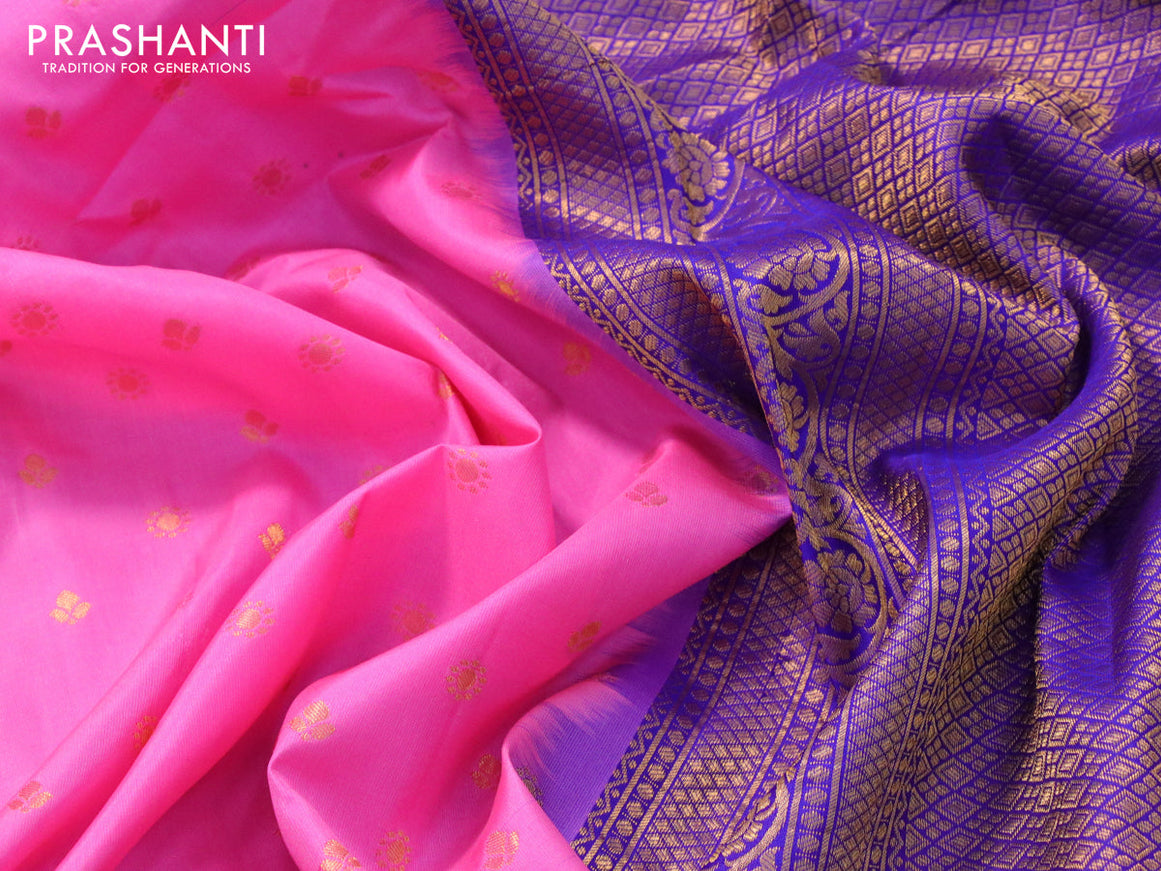 Pure gadwal silk saree light pink and blue with zari woven buttas and temple design zari woven border
