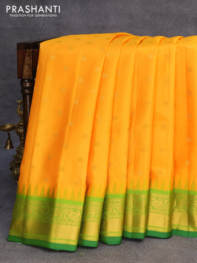 Pure gadwal silk saree mango yellow and light green with zari woven buttas and temple design zari woven border