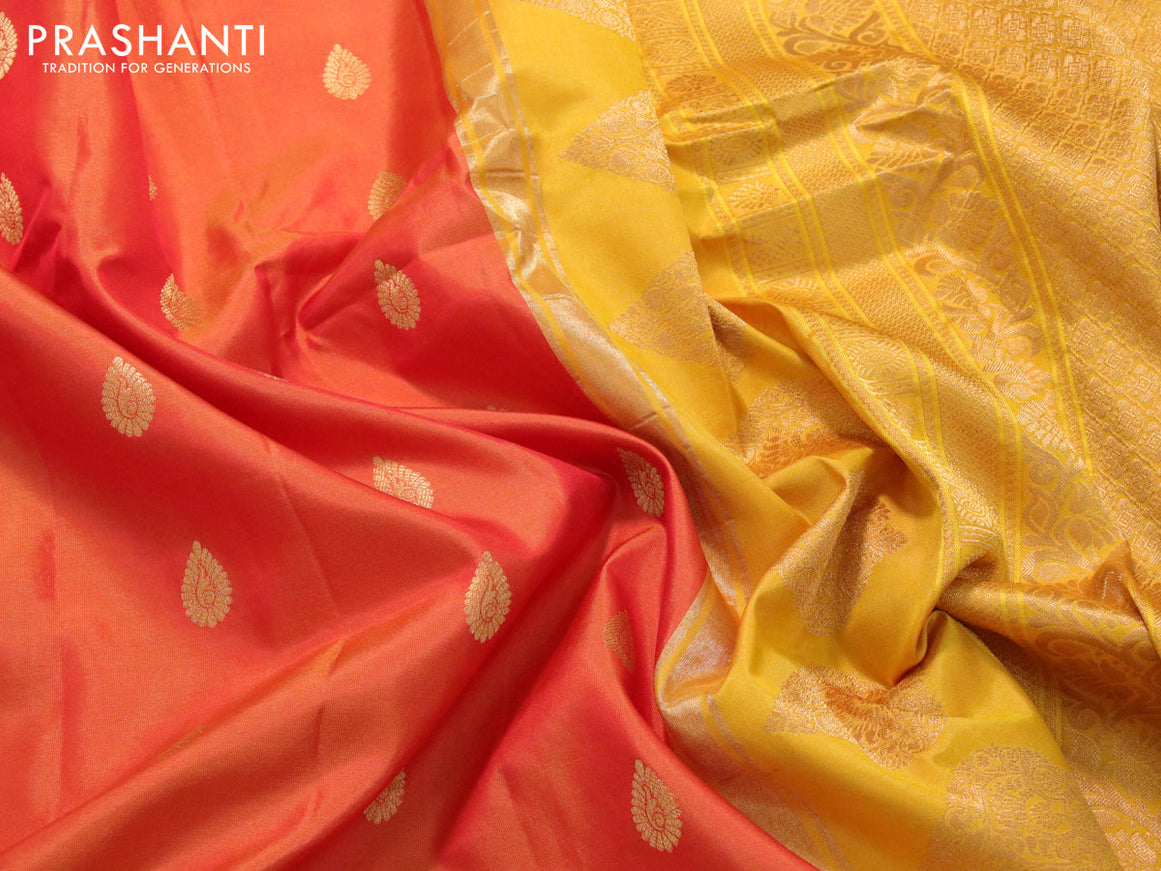 Pure gadwal silk saree sunset orange and mustard yellow with zari woven buttas and temple design zari woven border