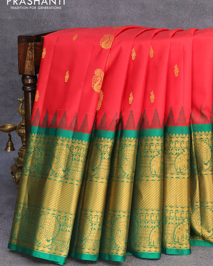 Pure gadwal silk saree red and green with zari woven buttas and long zari woven border