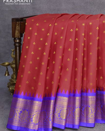 Pure gadwal silk saree red and blue with zari woven buttas and temple design zari woven border