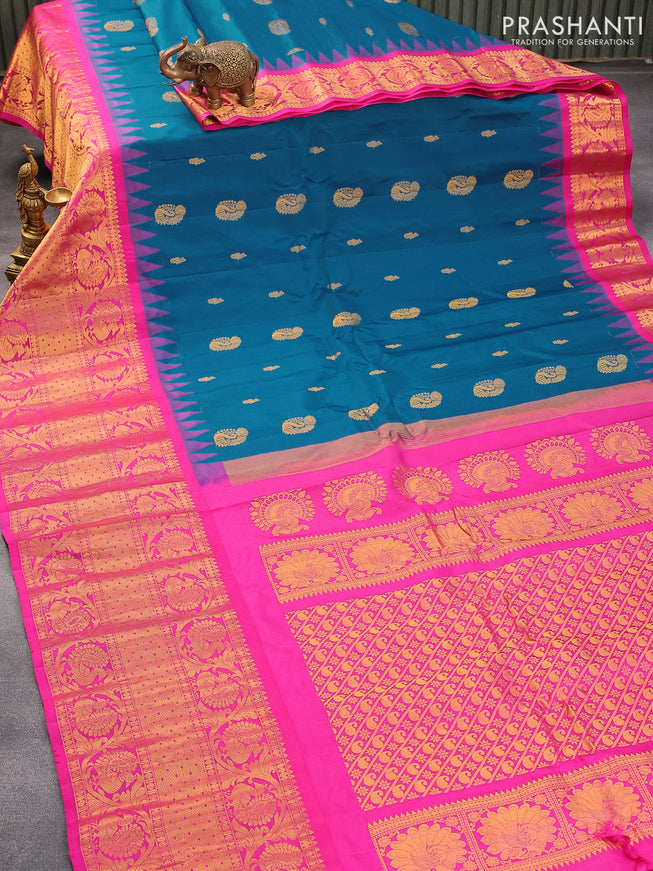 Pure gadwal silk saree peacock blue and pink with zari woven buttas and temple design long annam zari woven border