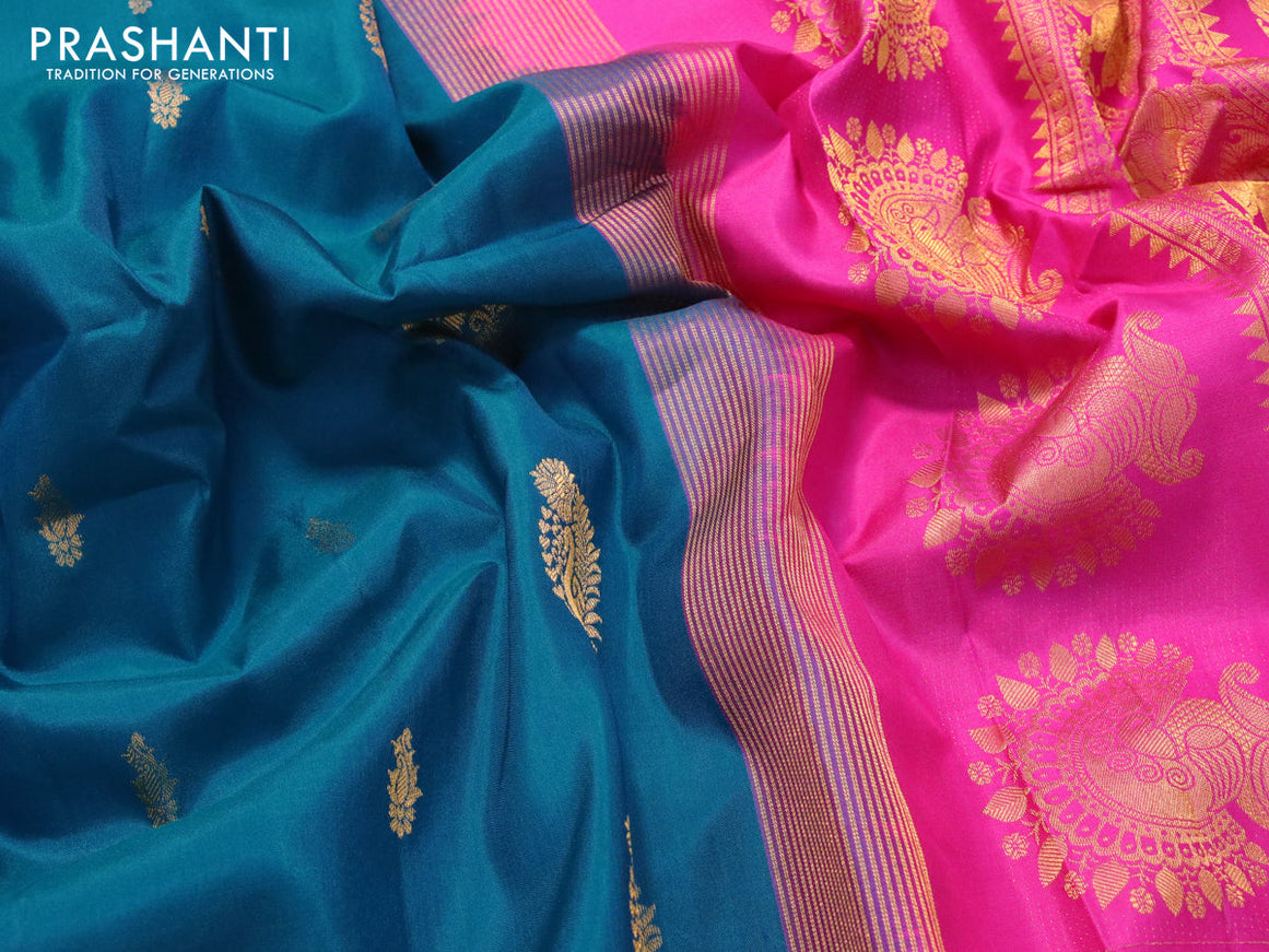 Pure gadwal silk saree peacock blue and pink with zari woven buttas and temple design long annam zari woven border