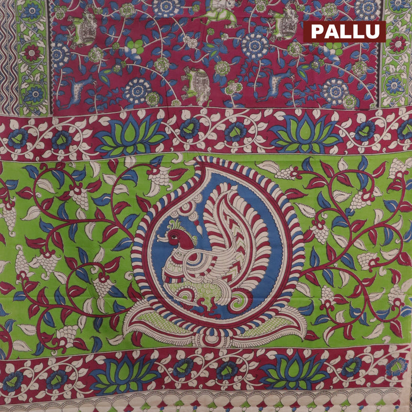 Kalamkari cotton saree dark magenta and green with allover prints and printed border