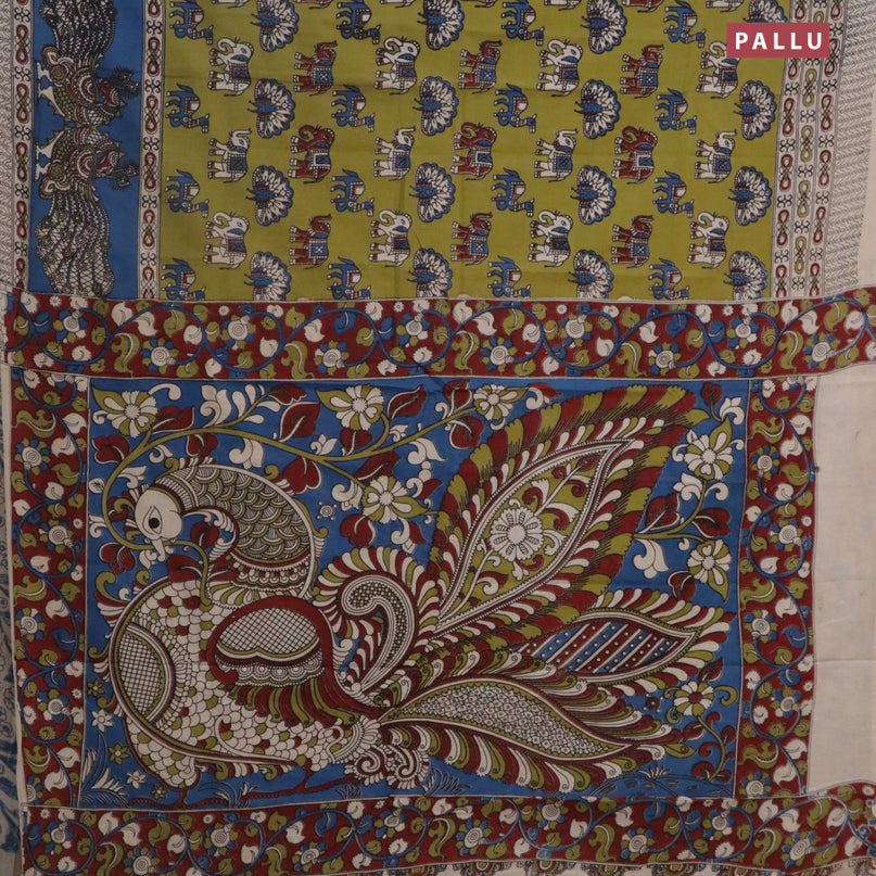 Kalamkari cotton saree mehendi green and blue with allover butta prints and printed border