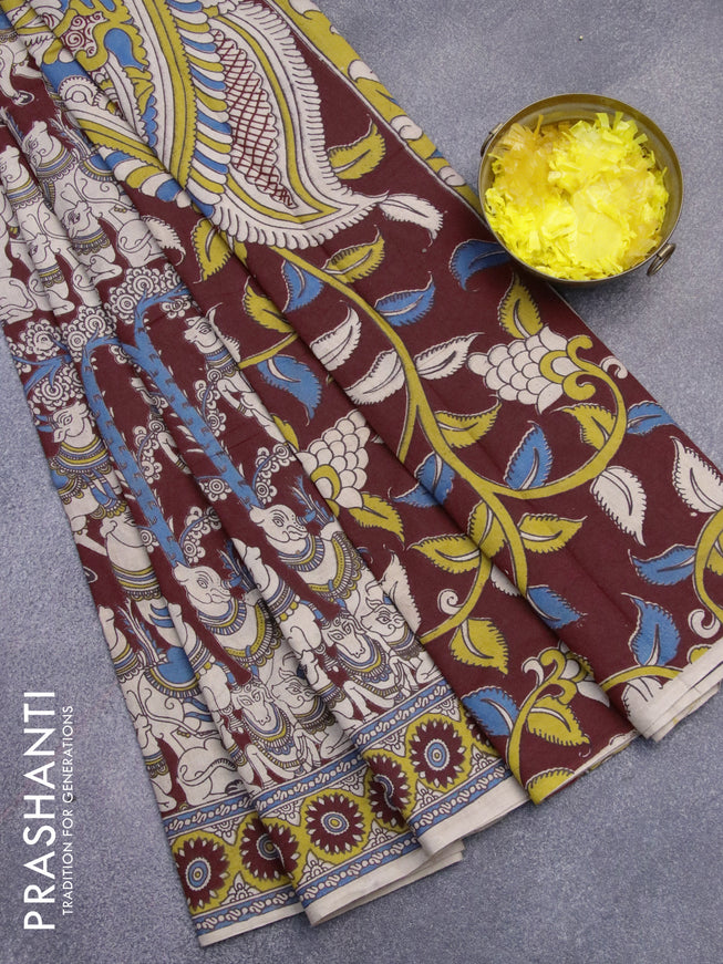 Kalamkari cotton saree maroon and yellow with allover prints and printed border