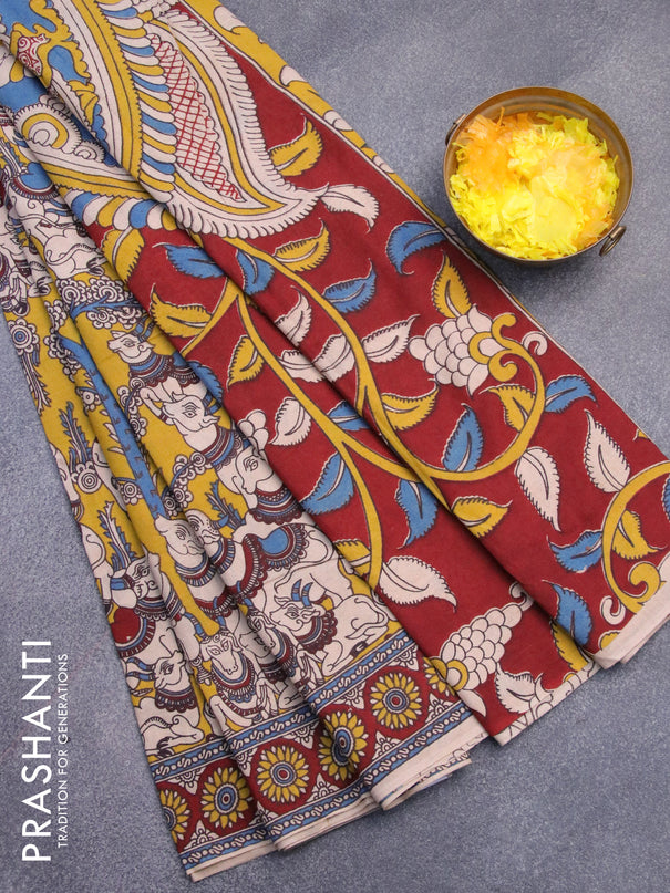 Kalamkari cotton saree beige yellow and maroon with allover prints and printed border