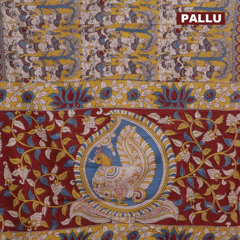 Kalamkari cotton saree beige yellow and maroon with allover prints and printed border