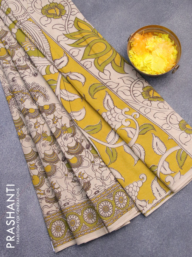 Kalamkari cotton saree beige and lime green with allover prints and printed border