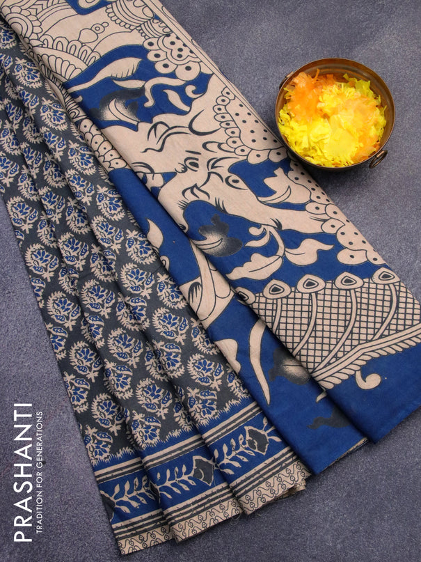 Kalamkari cotton saree grey and blue with allover butta prints and printed border