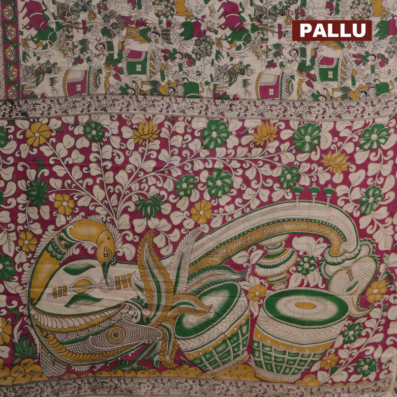 Kalamkari cotton saree beige green and magenta pink with allover prints and printed border