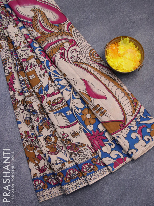 Kalamkari cotton saree beige dark mustard and blue with allover prints and printed border