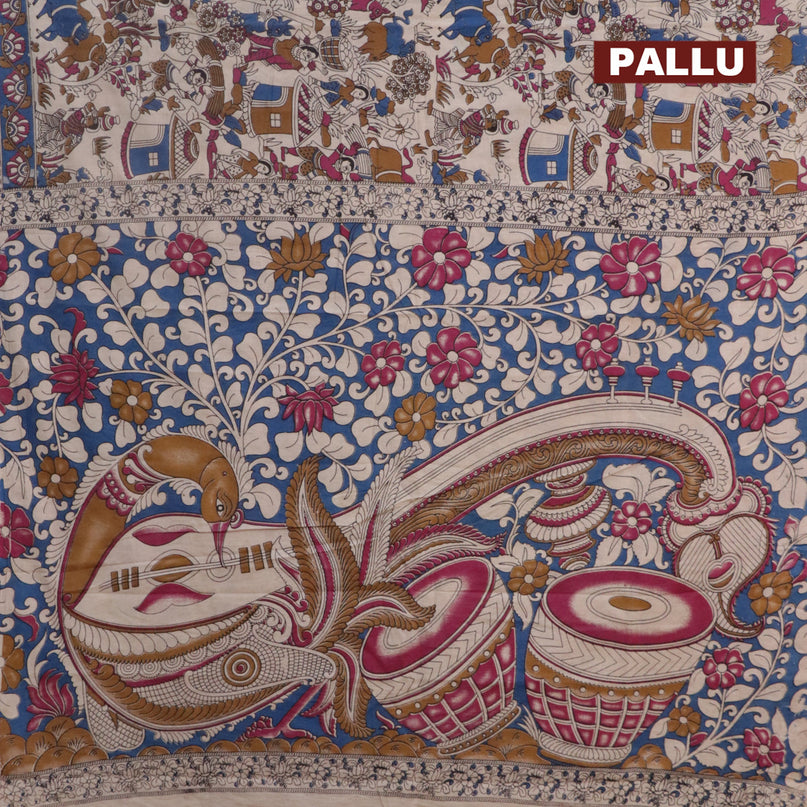 Kalamkari cotton saree beige dark mustard and blue with allover prints and printed border