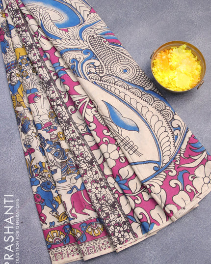 Kalamkari cotton saree beige blue and magenta pink with allover prints and printed border