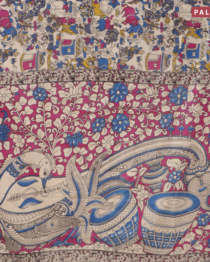 Kalamkari cotton saree beige blue and magenta pink with allover prints and printed border