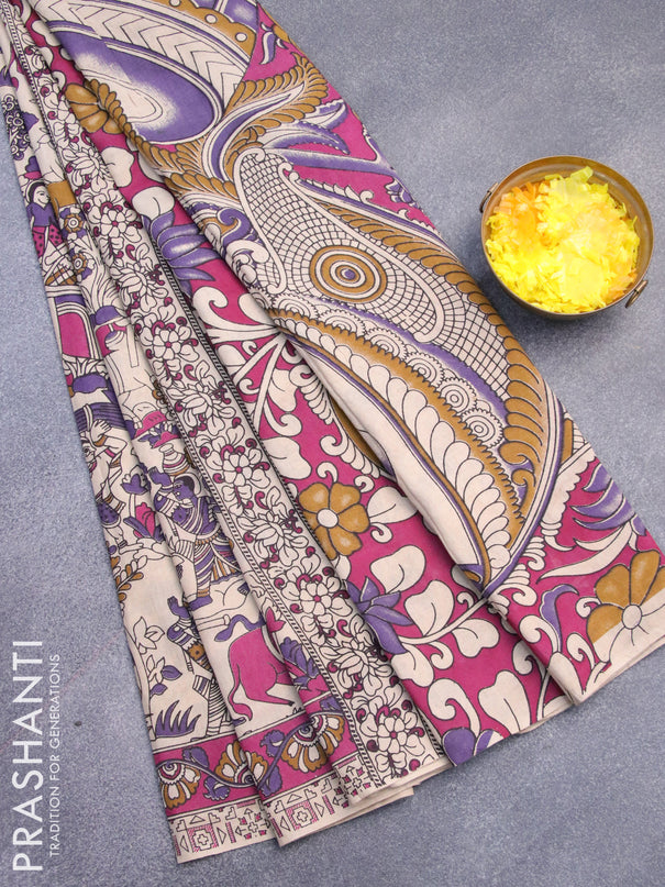 Kalamkari cotton saree beige violet and magenta pink with allover prints and printed border