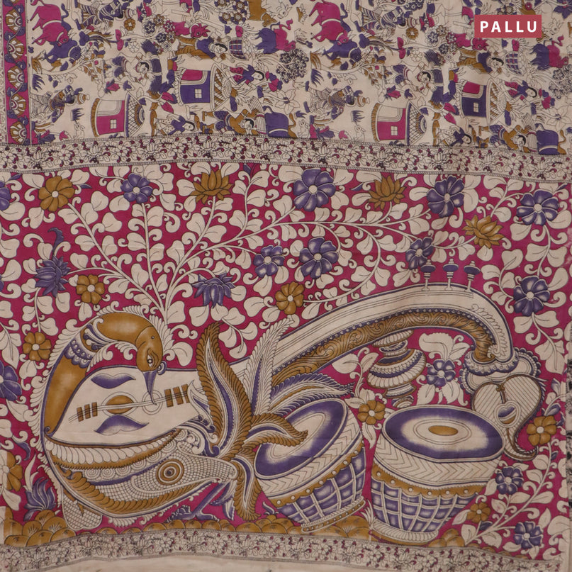 Kalamkari cotton saree beige violet and magenta pink with allover prints and printed border