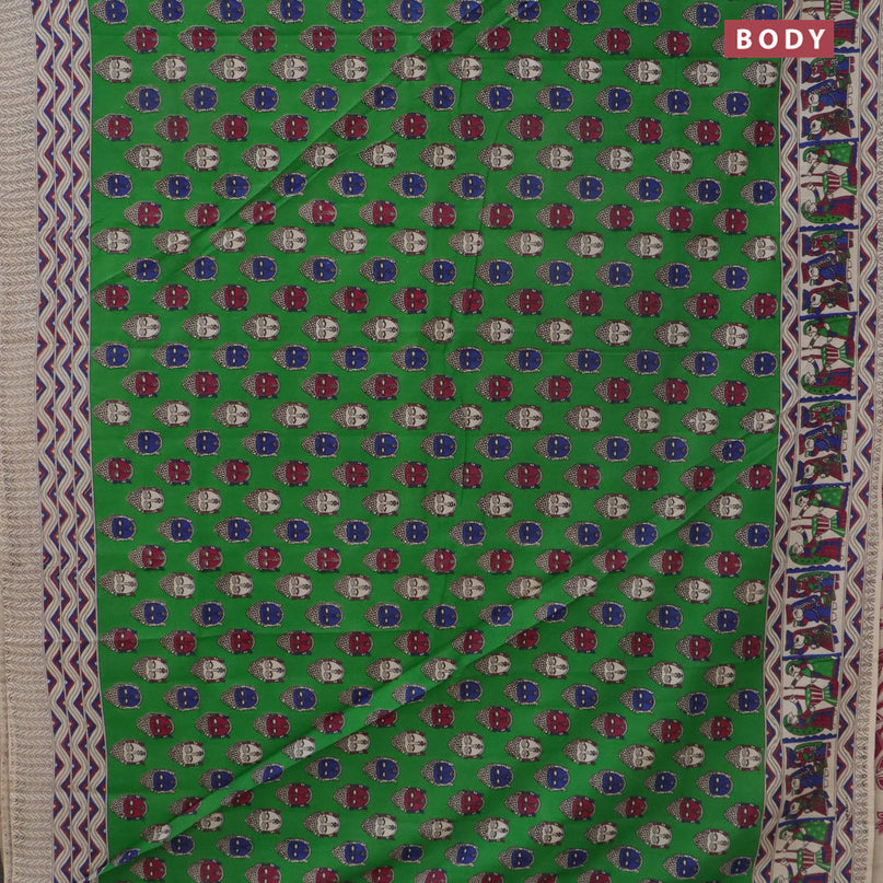 Kalamkari cotton saree green and beige with allover buddha butta prints and printed border