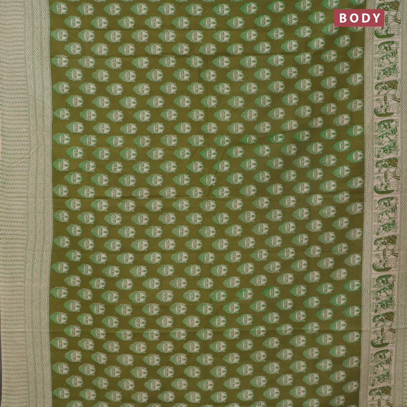 Kalamkari cotton saree mehendi green and beige with allover buddha butta prints and printed border