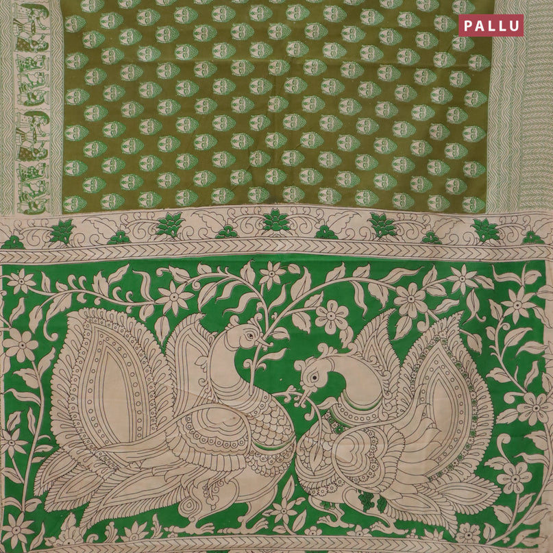 Kalamkari cotton saree mehendi green and beige with allover buddha butta prints and printed border