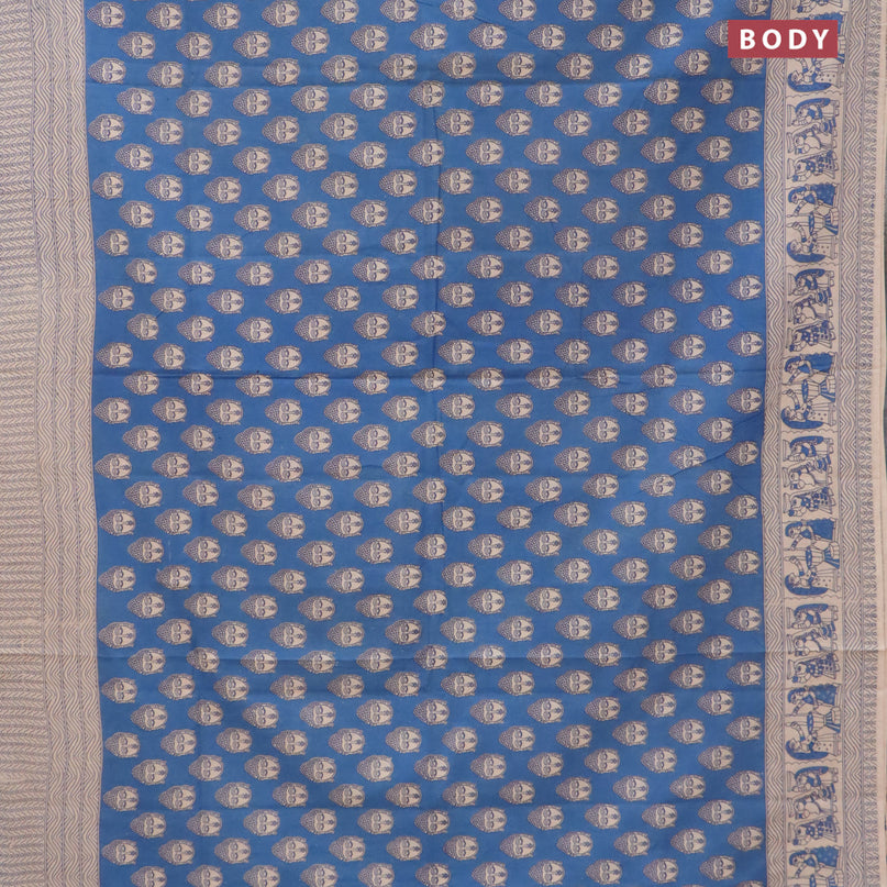 Kalamkari cotton saree blue and beige with allover buddha butta prints and printed border