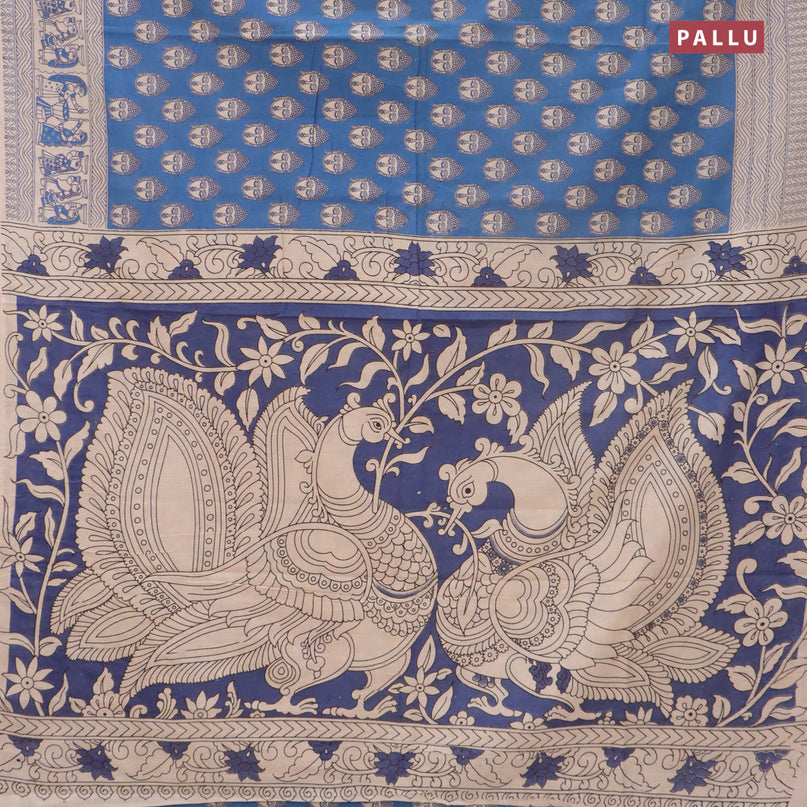 Kalamkari cotton saree blue and beige with allover buddha butta prints and printed border