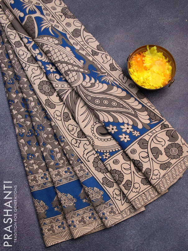 Kalamkari cotton saree grey and cs blue beige with allover prints and printed border