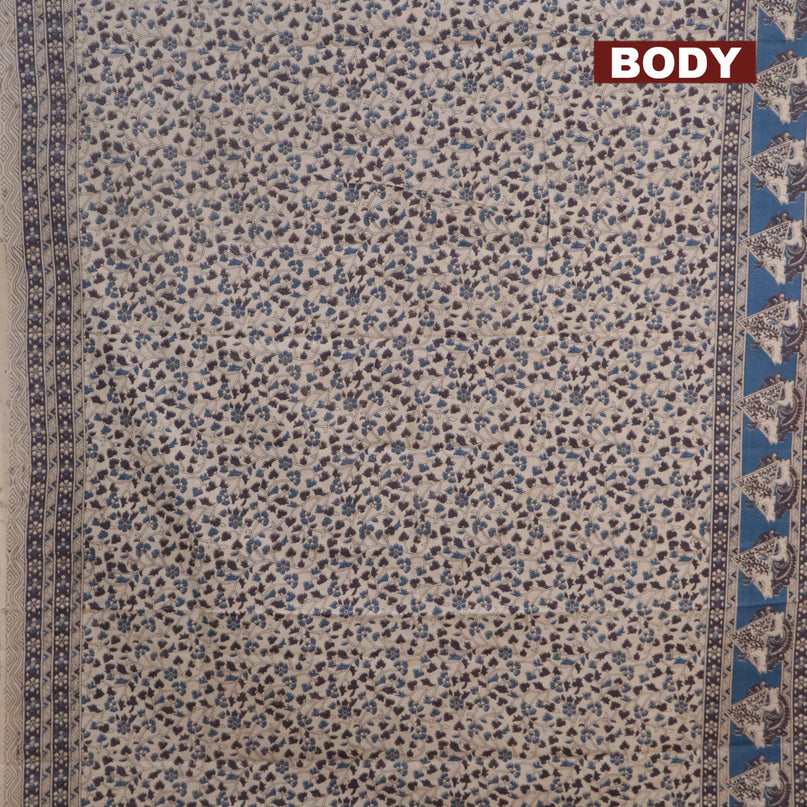 Kalamkari cotton saree beige and cs blue with allover prints and printed border