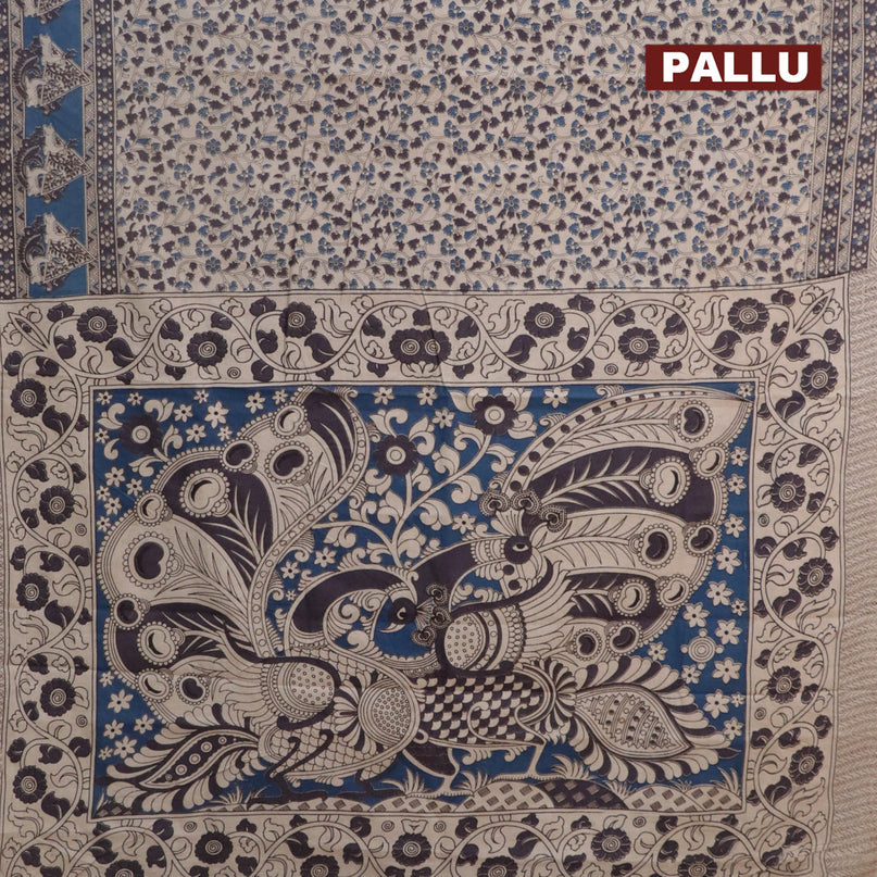 Kalamkari cotton saree beige and cs blue with allover prints and printed border